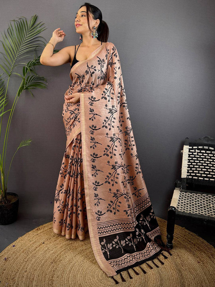 Peach Linen Saree with Black Leaf Print & Woven Border