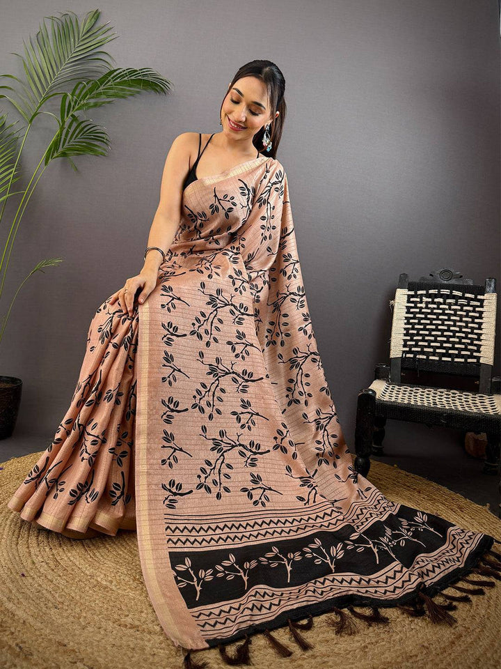 Peach Linen Saree with Black Leaf Print & Woven Border
