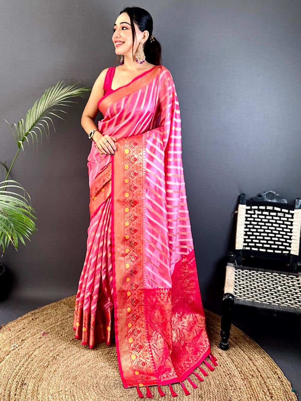 Pink Banarasi Silk Saree with Golden Zari Border & Striped Pattern