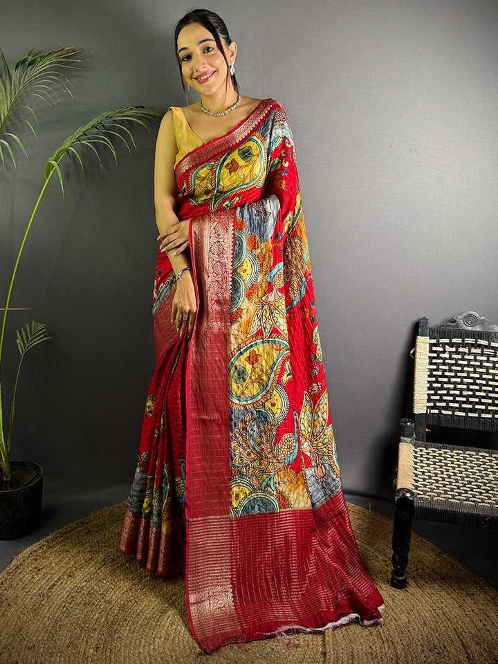 Red Kalamkari Printed Silk Saree for Women