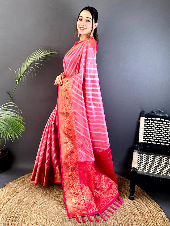 Pink Banarasi Silk Saree with Golden Zari Border & Striped Pattern
