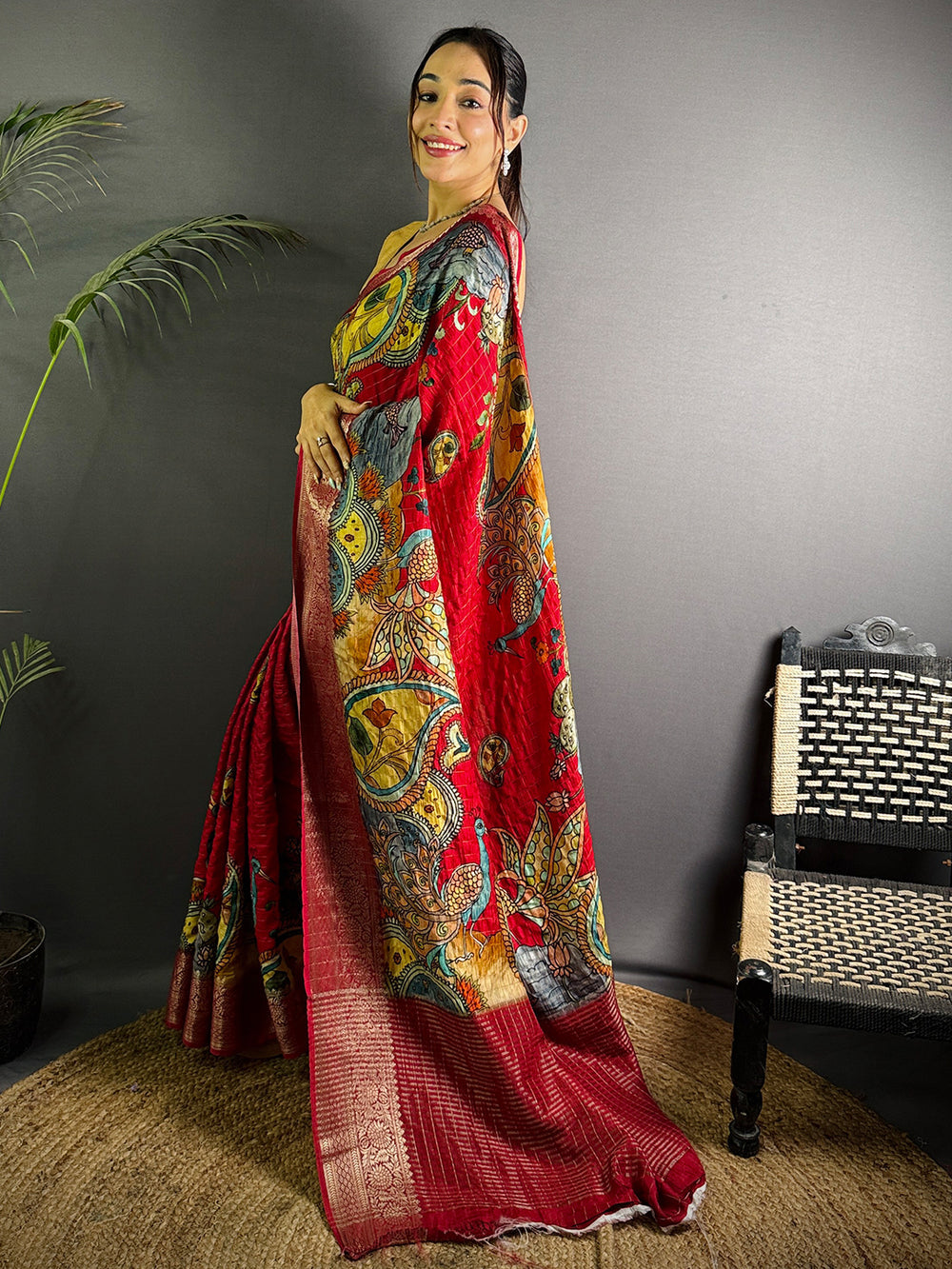 Red Kalamkari Printed Silk Saree for Women