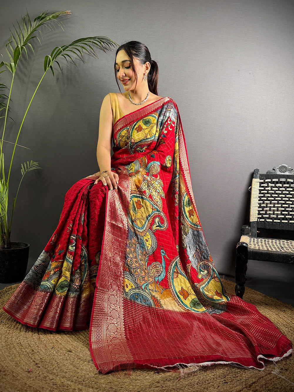 Red Linen Saree with Multicolor Kalamkari Print & Woven Zari Border
