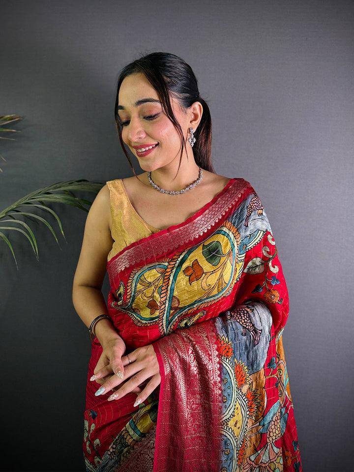 Red Linen Saree with Multicolor Kalamkari Print & Woven Zari Border