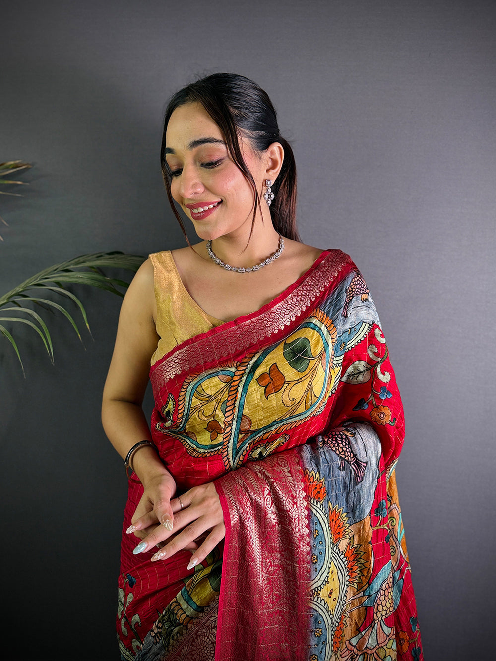 Red Kalamkari Printed Silk Saree for Women