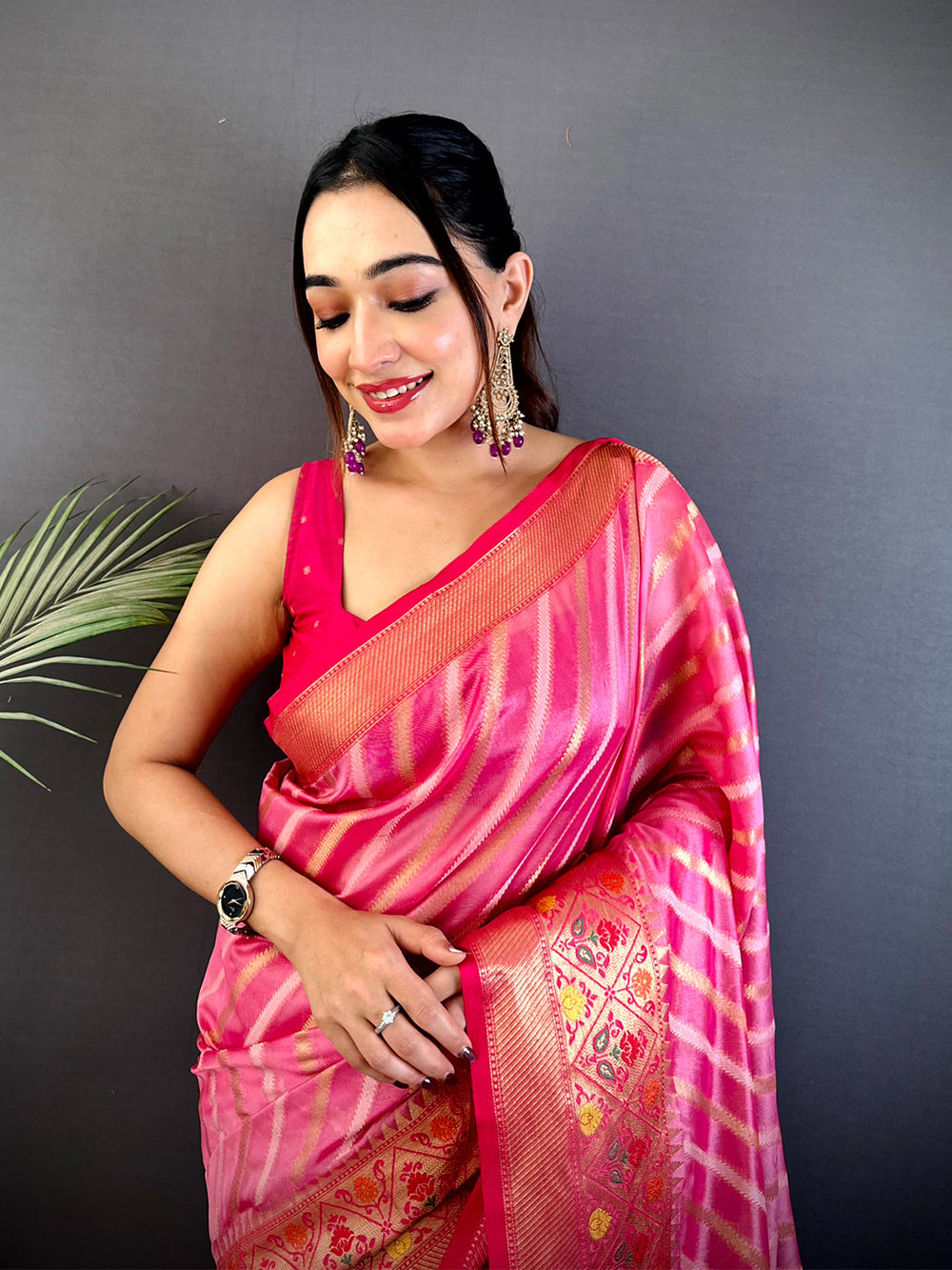 Pink Banarasi Silk Saree with Golden Zari Border & Striped Pattern
