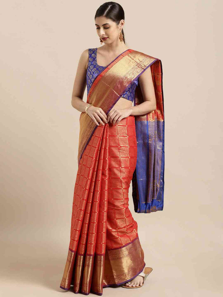 Red & Royal Blue Kanjivaram Silk Saree with Gold Zari Weaving