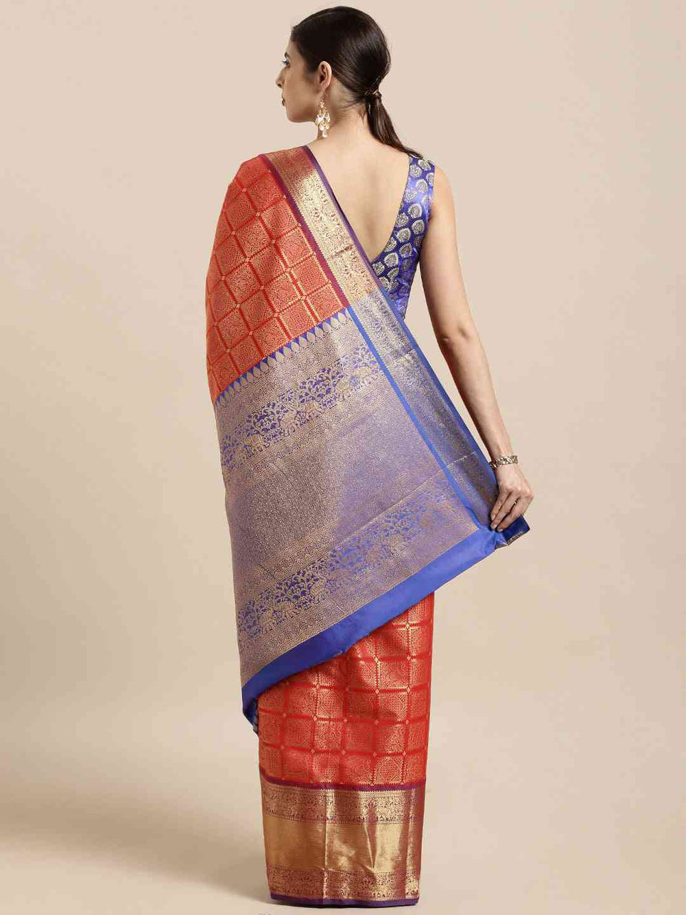 Red & Royal Blue Kanjivaram Silk Saree with Gold Zari Weaving