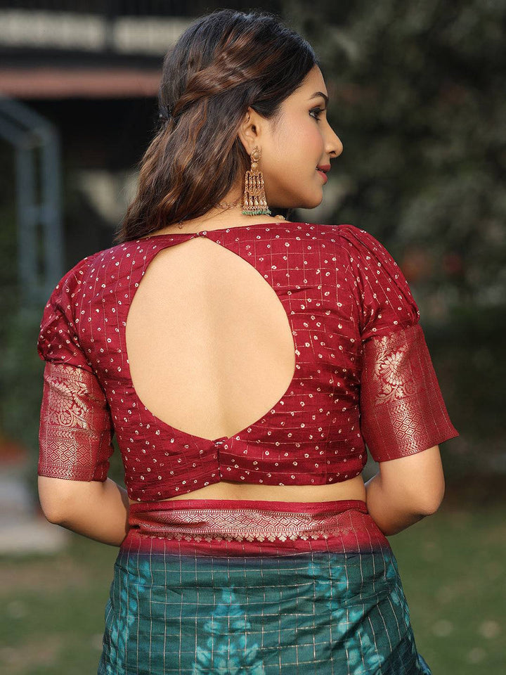 Maroon & Teal Banarasi Silk Saree with Cow Kalamkari Pallu & Golden Zari Border