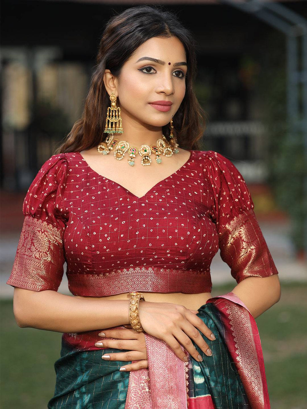 Maroon & Teal Banarasi Silk Saree with Cow Kalamkari Pallu & Golden Zari Border