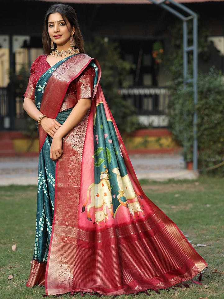 Maroon & Teal Banarasi Silk Saree with Cow Kalamkari Pallu & Golden Zari Border