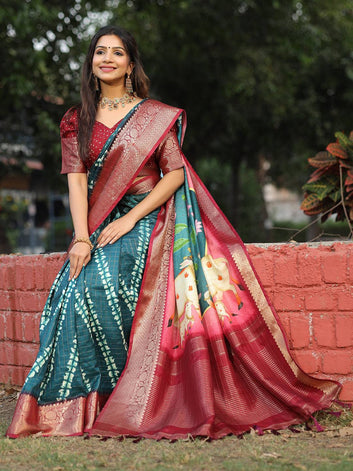 Maroon & Green Soft Silk Saree with Cow Theme Digital Pallu & Gold Zari Border