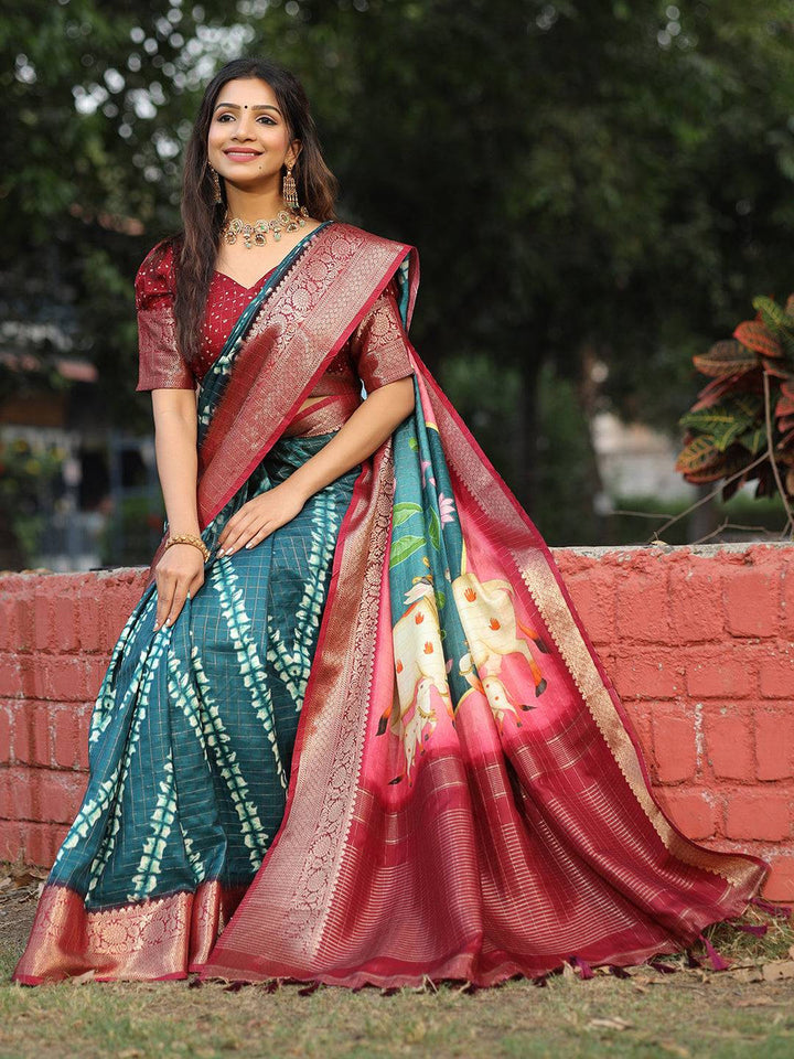 Maroon & Green Soft Silk Saree with Cow Theme Digital Pallu & Gold Zari Border