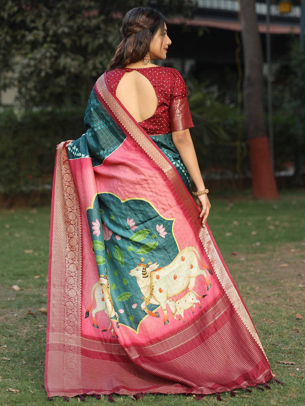 Maroon & Teal Banarasi Silk Saree with Cow Kalamkari Pallu & Golden Zari Border