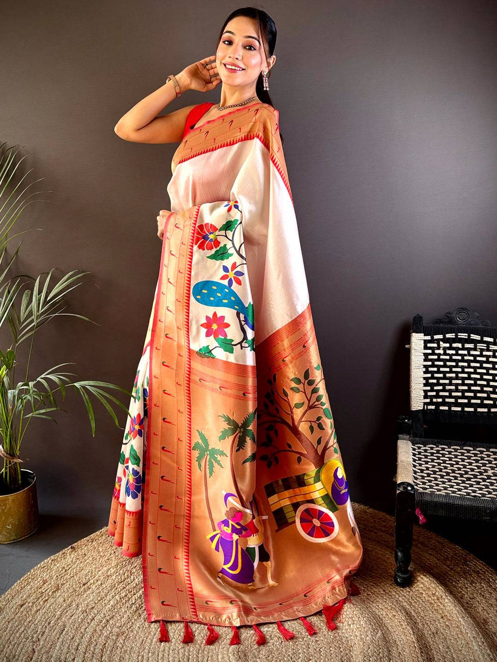 Peach & White Art Silk Saree with Colorful Village Theme Print & Tassel Border