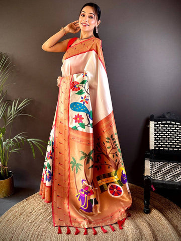 Peach & White Art Silk Saree with Colorful Village Theme Print & Tassel Border
