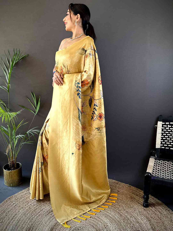 Yellow Handwoven Linen Saree with Floral Print & Tassel Border