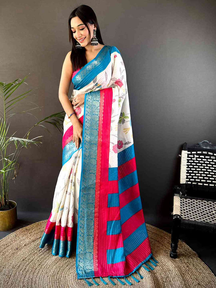 White Floral Linen Saree with Blue & Pink Woven Border
