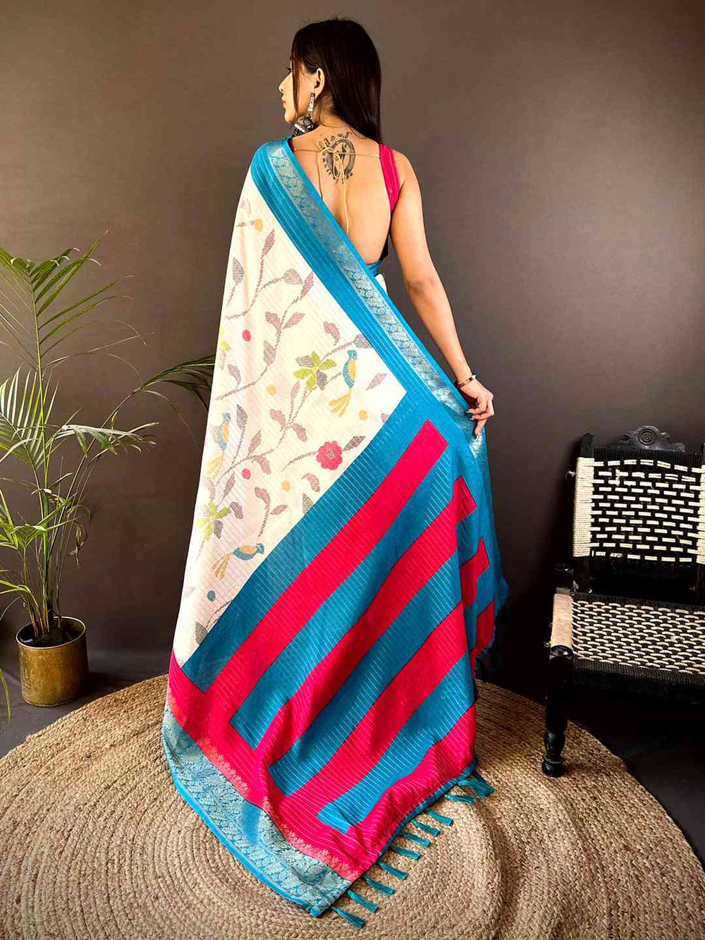 White Floral Linen Saree with Blue & Pink Woven Border