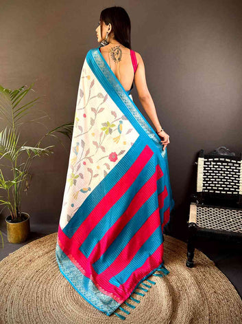 White Floral Linen Saree with Blue & Pink Woven Border
