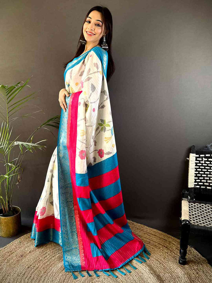 White Floral Linen Saree with Blue & Pink Woven Border