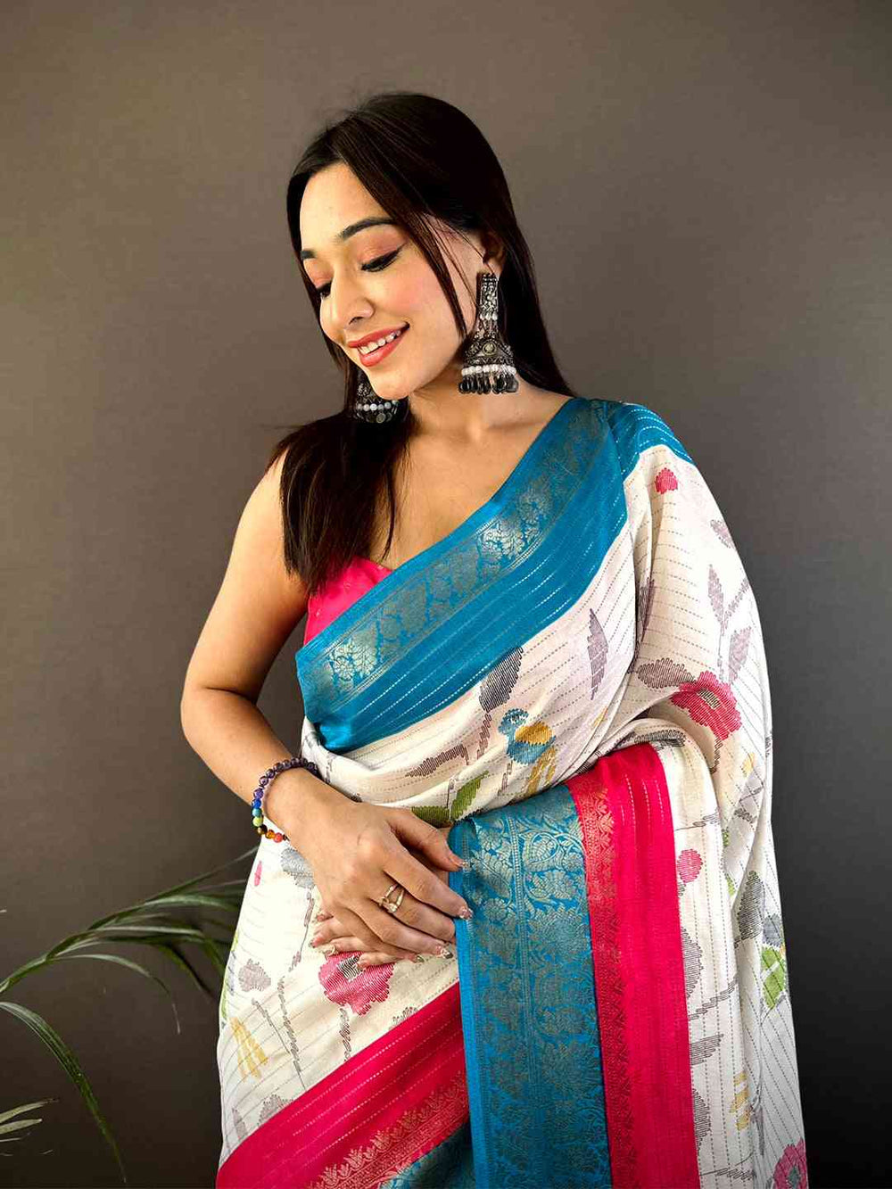 White Floral Linen Saree with Blue & Pink Woven Border