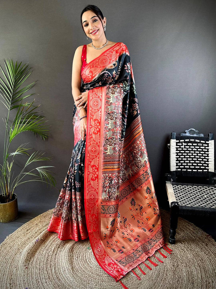 Black & Red Linen Saree with Intricate Madhubani Print and Woven Zari Border