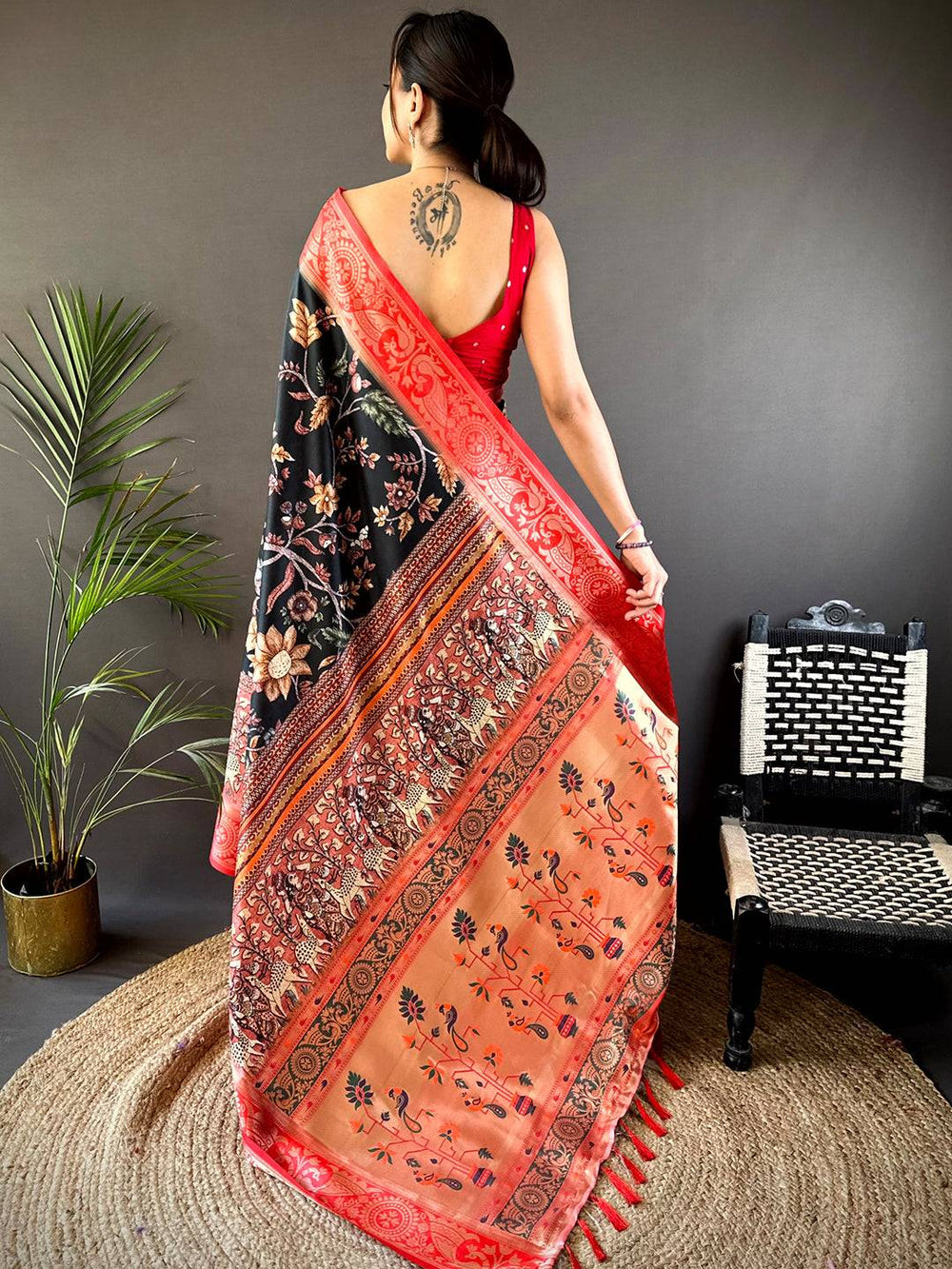 Black & Red Linen Saree with Intricate Madhubani Print and Woven Zari Border