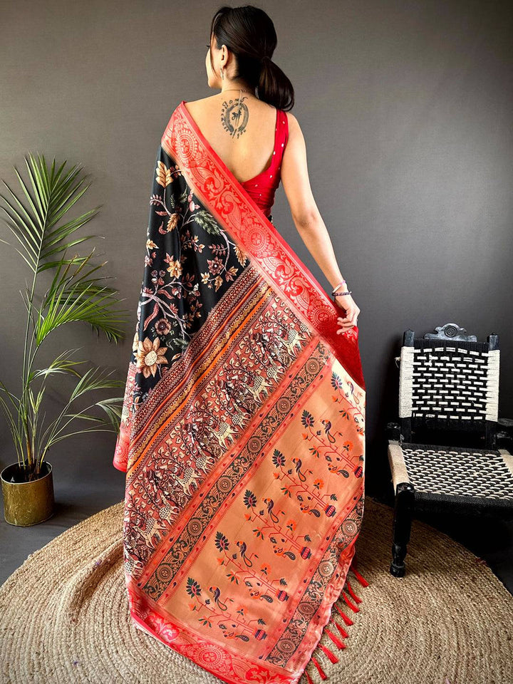 Black & Red Linen Saree with Intricate Madhubani Print and Woven Zari Border