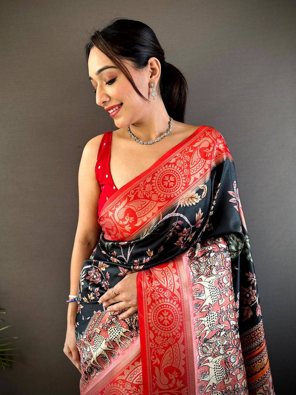 Black & Red Linen Saree with Intricate Madhubani Print and Woven Zari Border