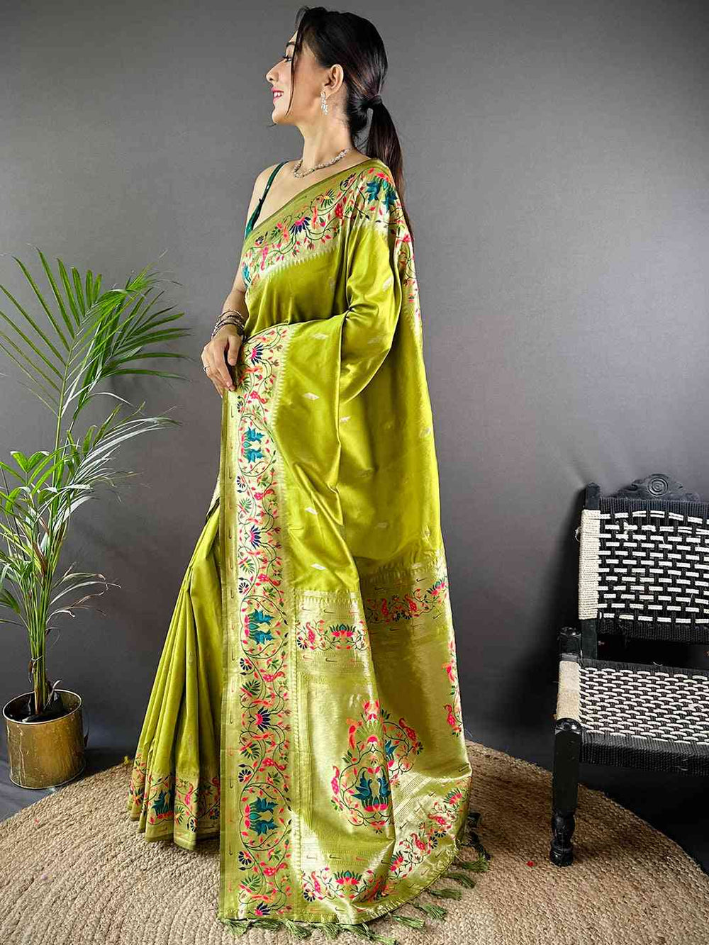 Lime Green Banarasi Silk Saree with Multicolor Meenakari Design & Woven Zari Border