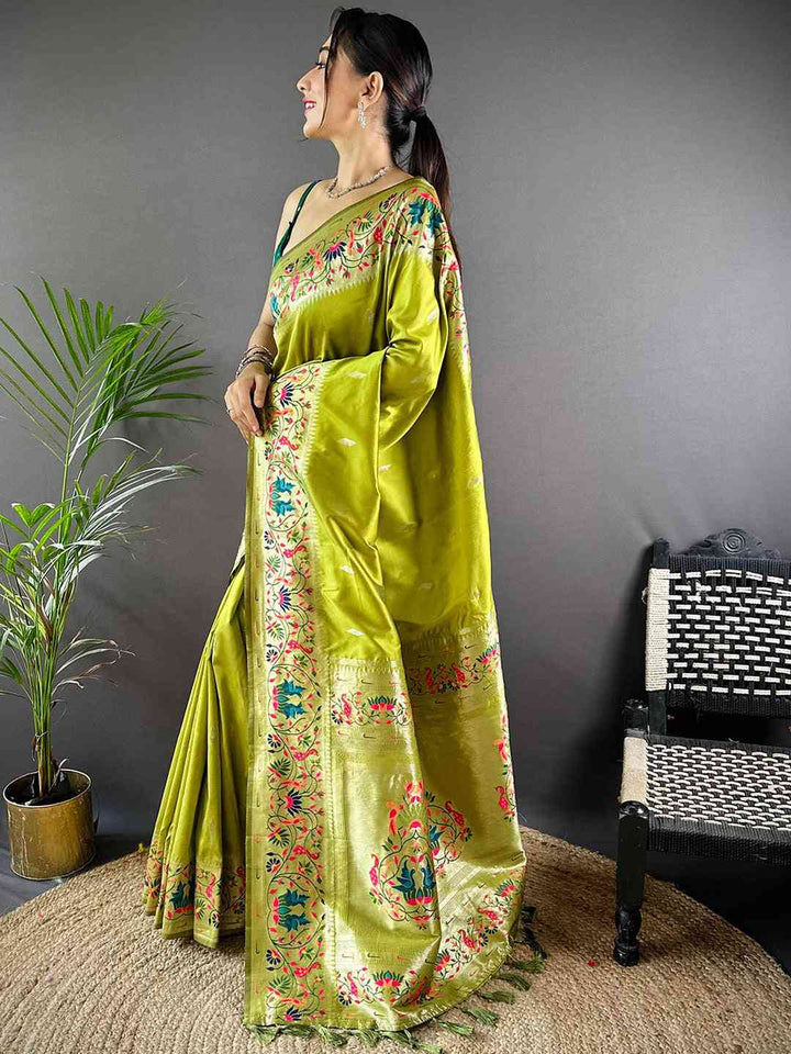 Lime Green Banarasi Silk Saree with Multicolor Meenakari Design & Woven Zari Border