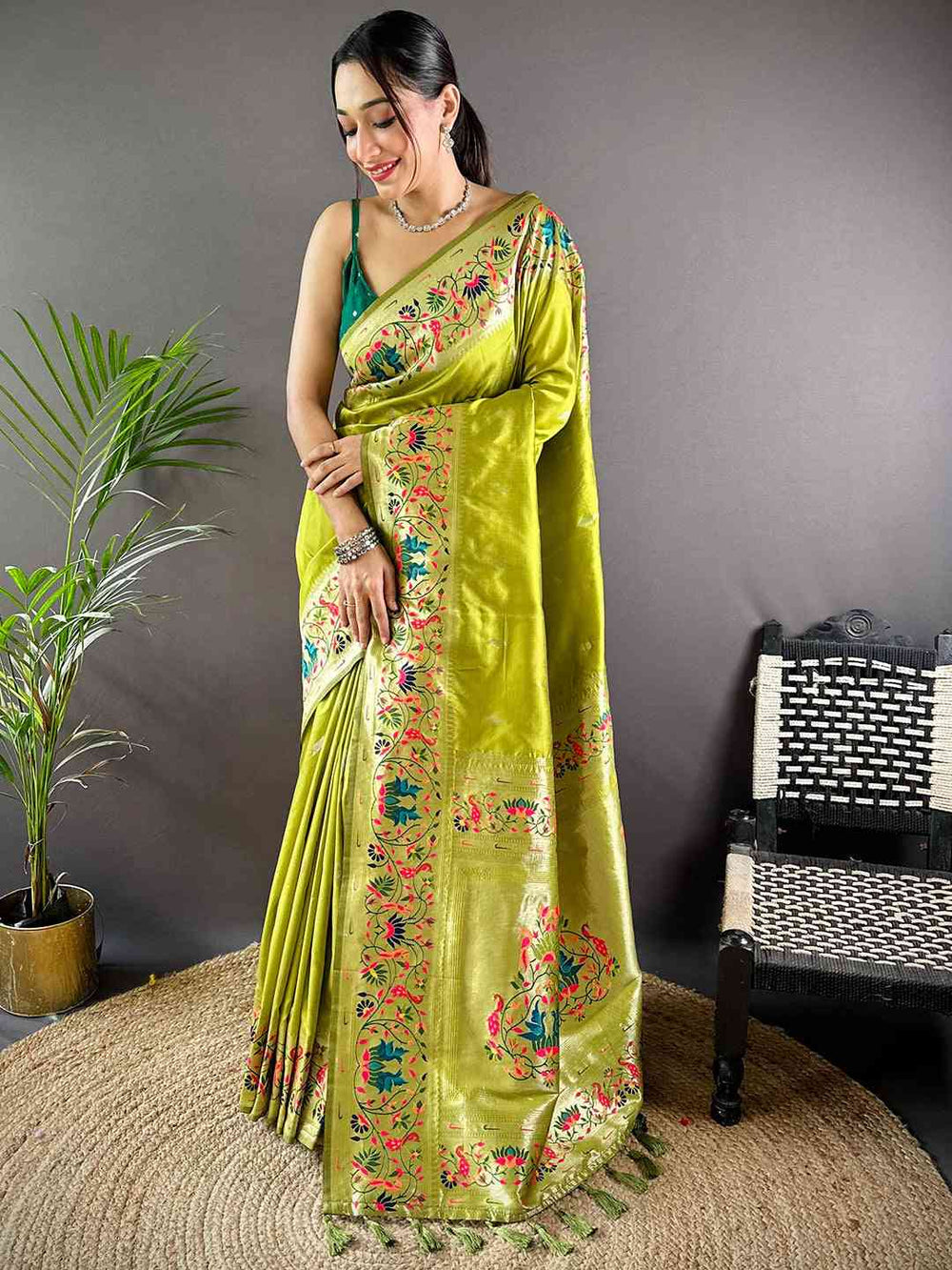 Lime Green Banarasi Silk Saree with Multicolor Meenakari Design & Woven Zari Border