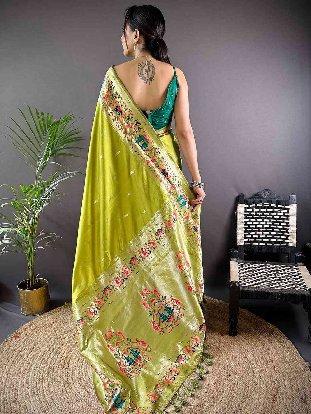 Lime Green Banarasi Silk Saree with Multicolor Meenakari Design & Woven Zari Border