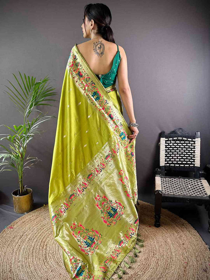 Lime Green Banarasi Silk Saree with Multicolor Meenakari Design & Woven Zari Border