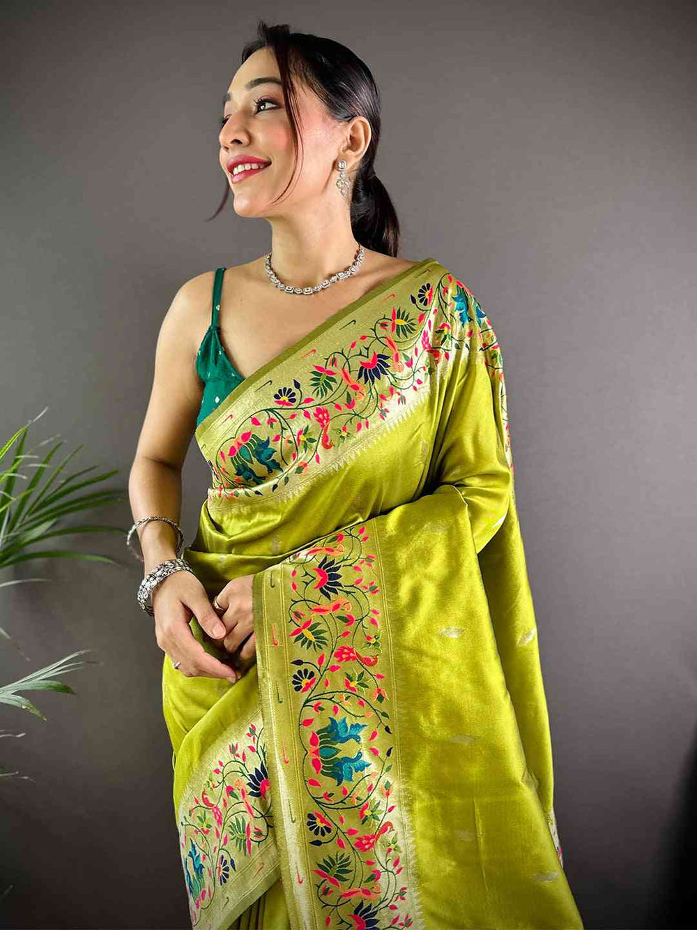 Lime Green Banarasi Silk Saree with Multicolor Meenakari Design & Woven Zari Border