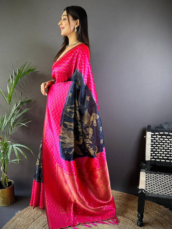 Rani Pink Banarasi Silk Saree with Zigzag Weave & Navy Blue Mythical Motif Pallu