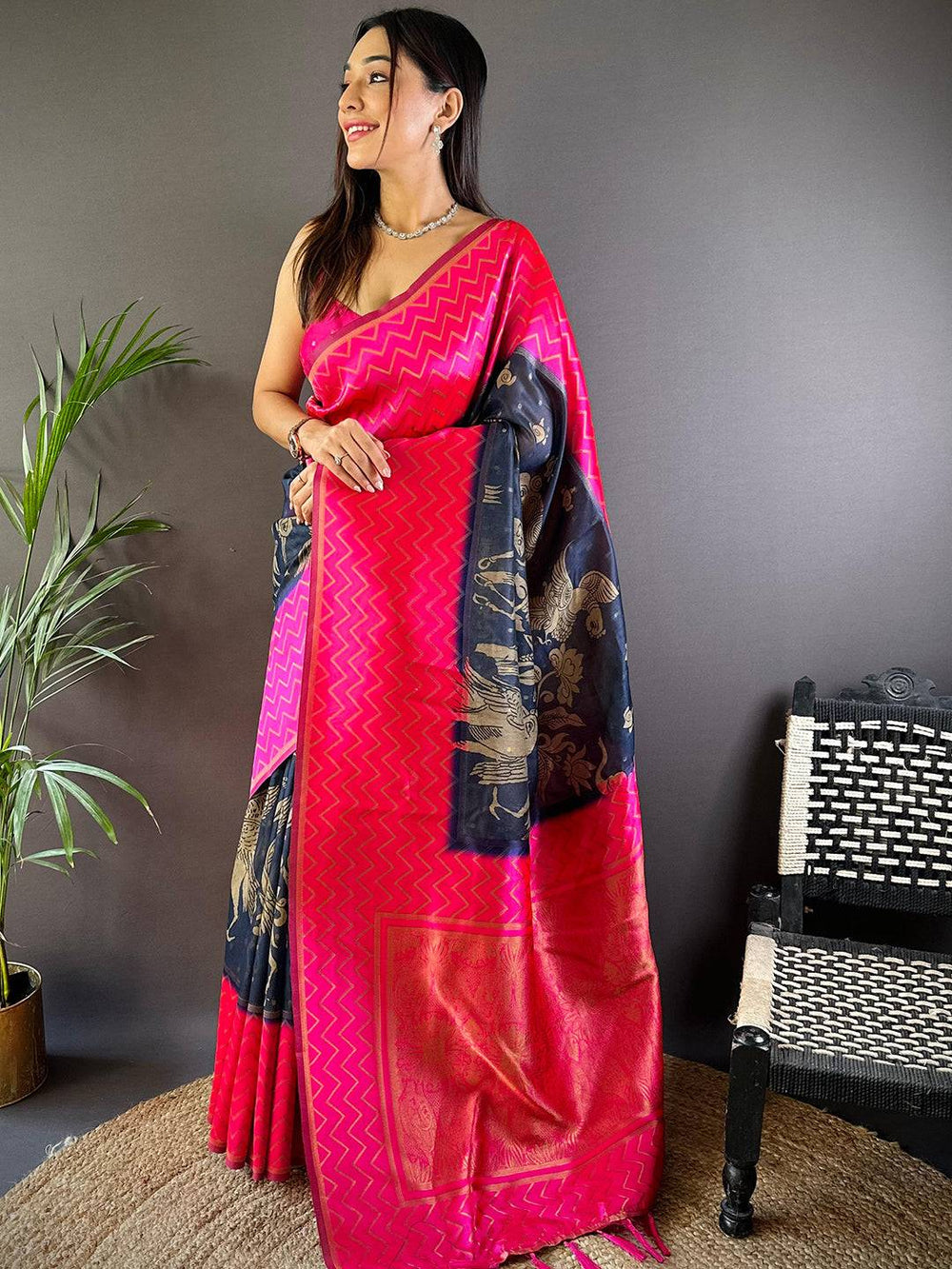 Pink Banarasi Silk Saree with Navy Blue Golden Zari Pallu & Chevron Design