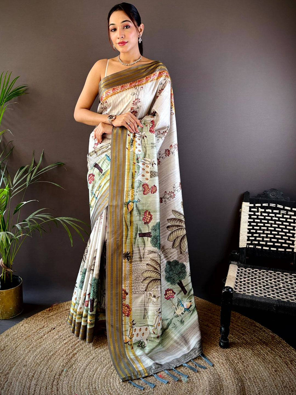 Off White Linen Saree with Village Theme Print & Contrast Woven Border
