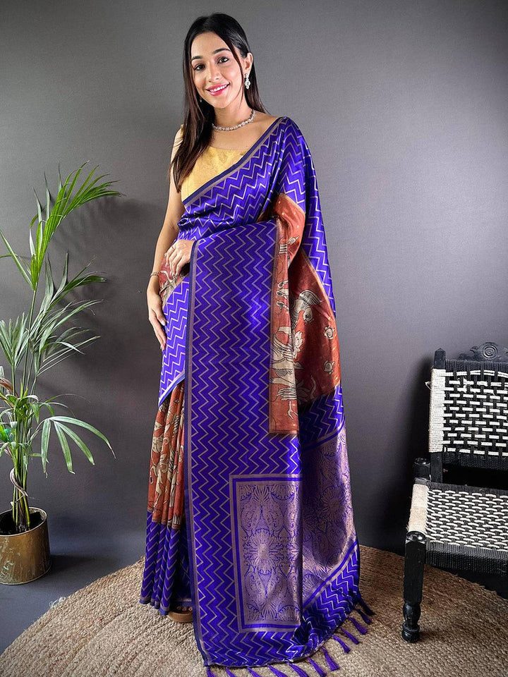 Royal Blue Banarasi Silk Saree with Chevron Weave & Rust Kalamkari Pallu