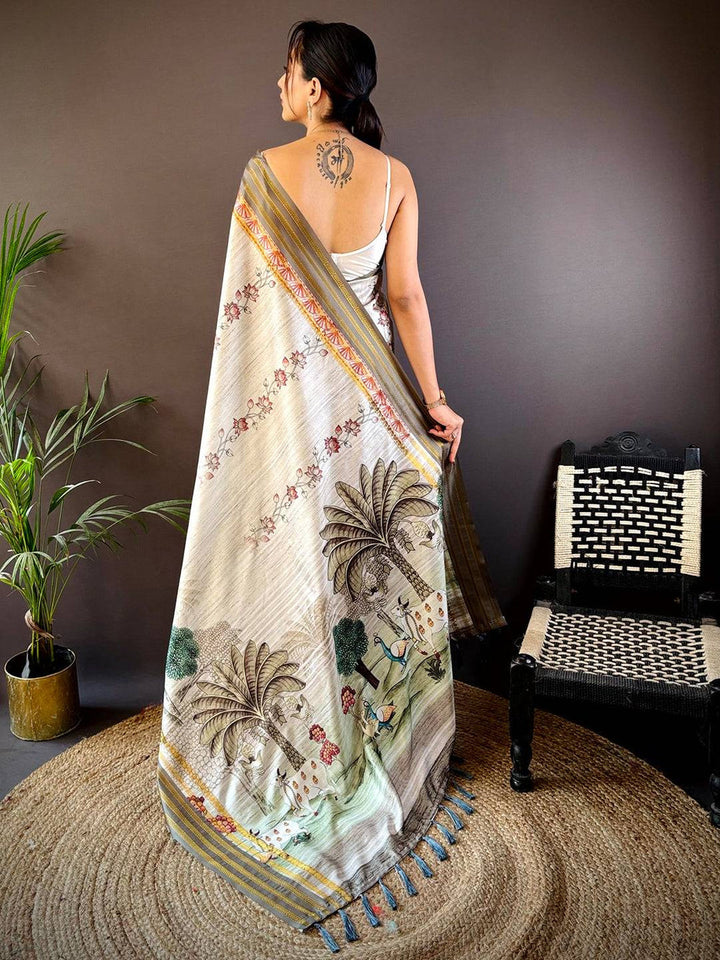 Off White Linen Saree with Village Theme Print & Contrast Woven Border