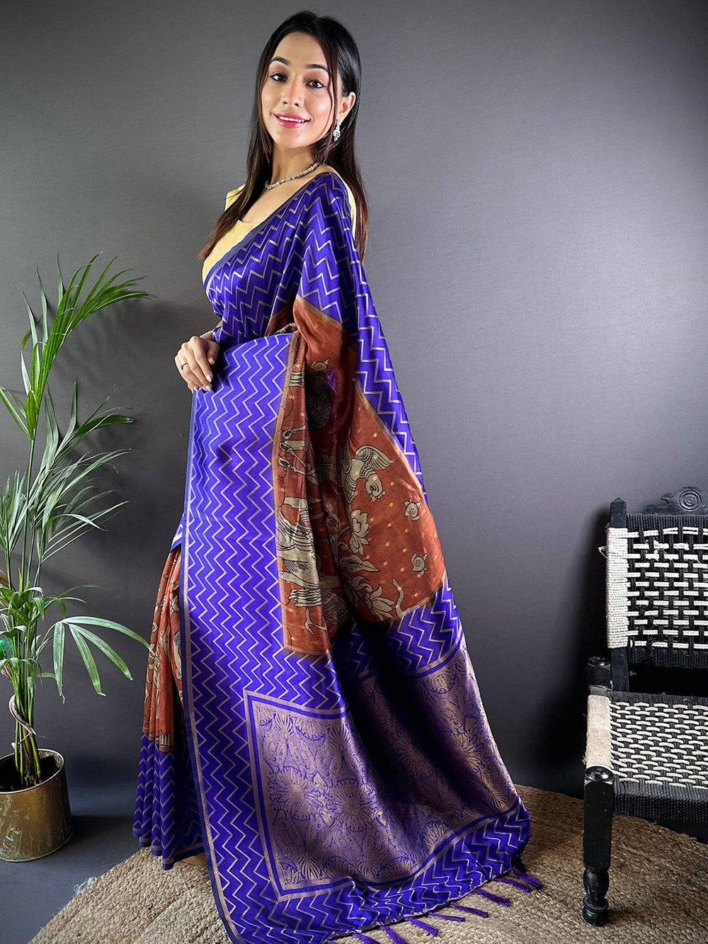 Royal Blue Banarasi Silk Saree with Chevron Weave & Rust Kalamkari Pallu