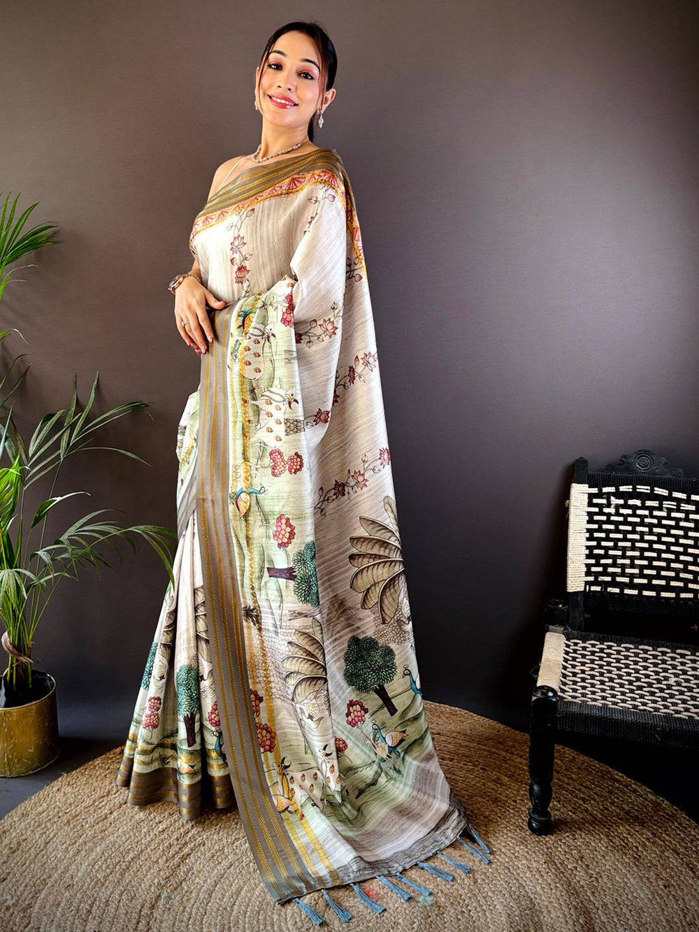 Off White Linen Saree with Village Theme Print & Contrast Woven Border