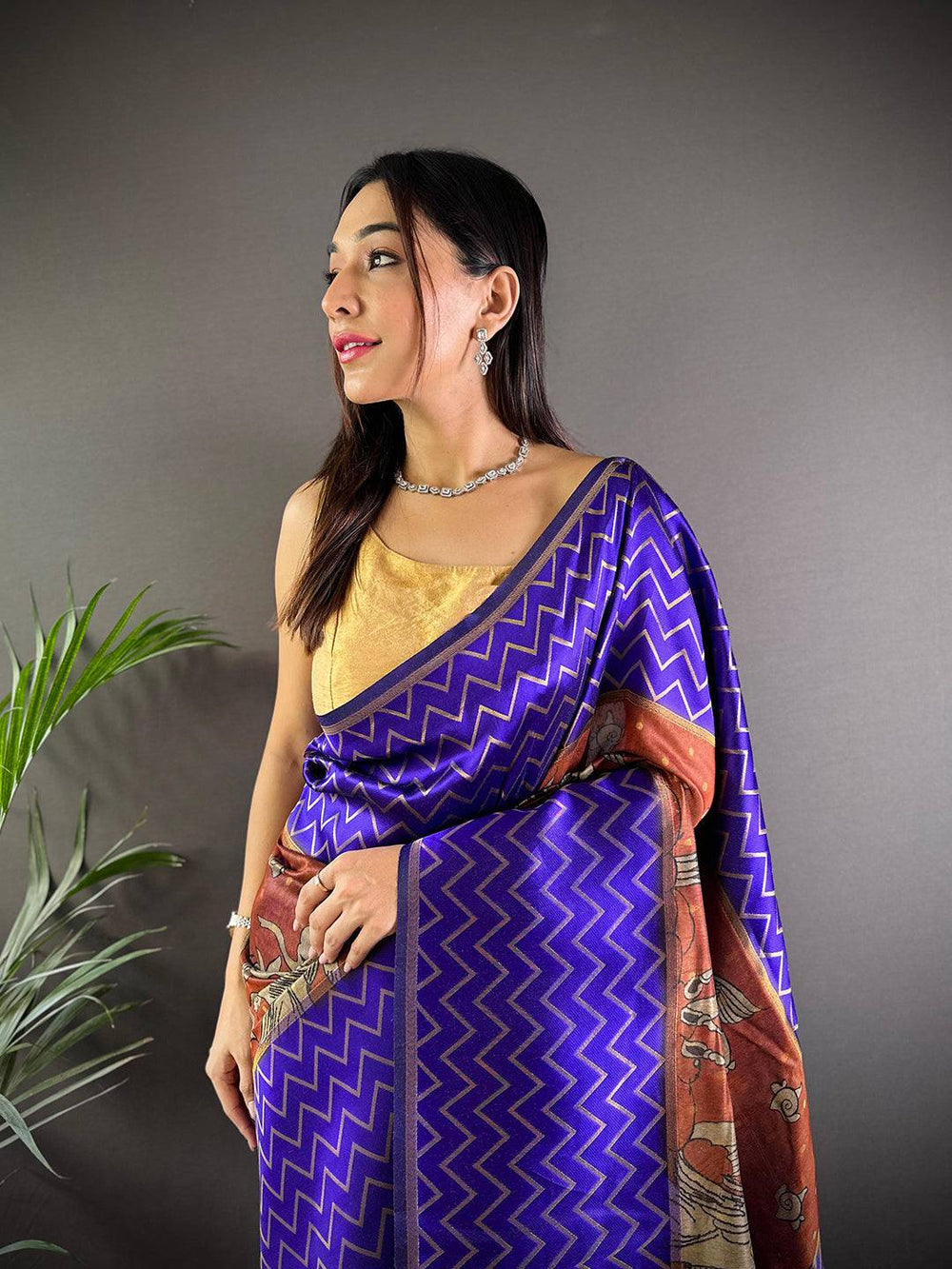 Royal Blue Banarasi Silk Saree with Chevron Weave & Rust Kalamkari Pallu