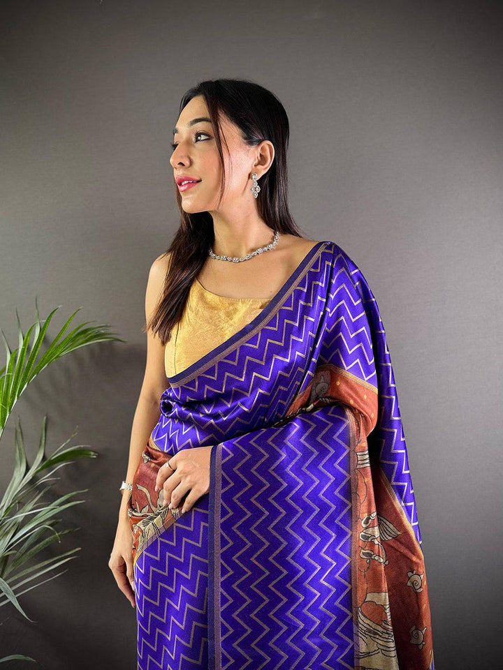 Royal Blue Banarasi Silk Saree with Chevron Weave & Rust Kalamkari Pallu