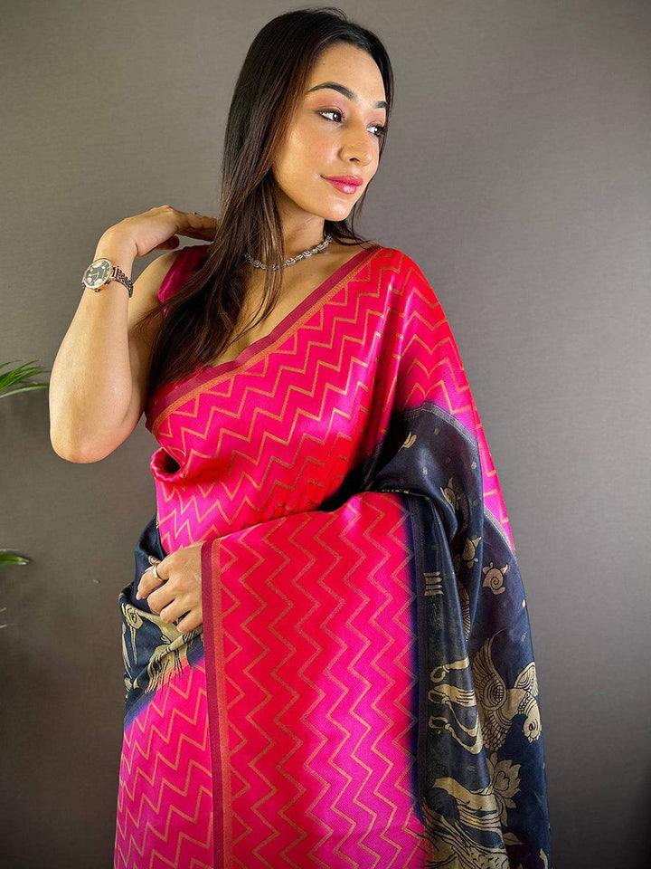 Pink Banarasi Silk Saree with Navy Blue Golden Zari Pallu & Chevron Design