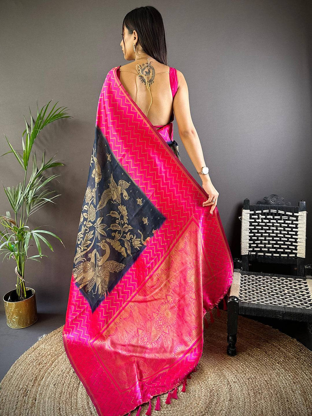 Pink Banarasi Silk Saree with Navy Blue Golden Zari Pallu & Chevron Design