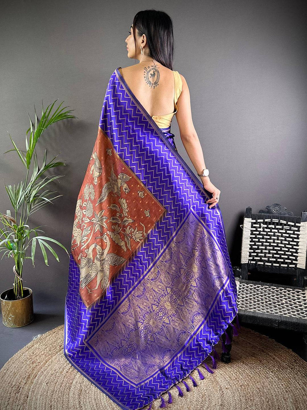 Royal Blue Banarasi Silk Saree with Chevron Weave & Rust Kalamkari Pallu