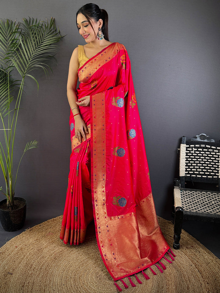 Rani Pink Banarasi Silk Saree with Rose Motifs & Golden Zari Border