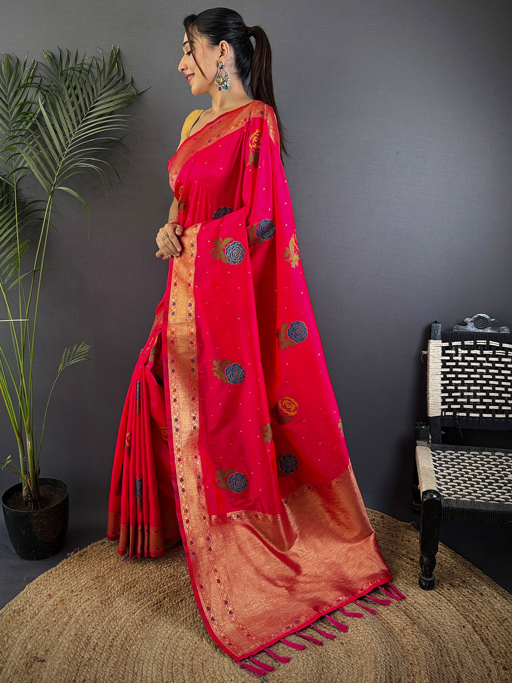 Rani Pink Banarasi Silk Saree with Rose Motifs & Golden Zari Border